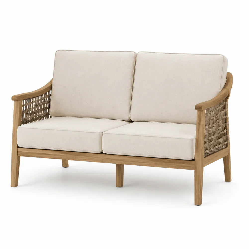 Dwuosobowa sofa z drewna teak z lnianymi poduchami beżowa