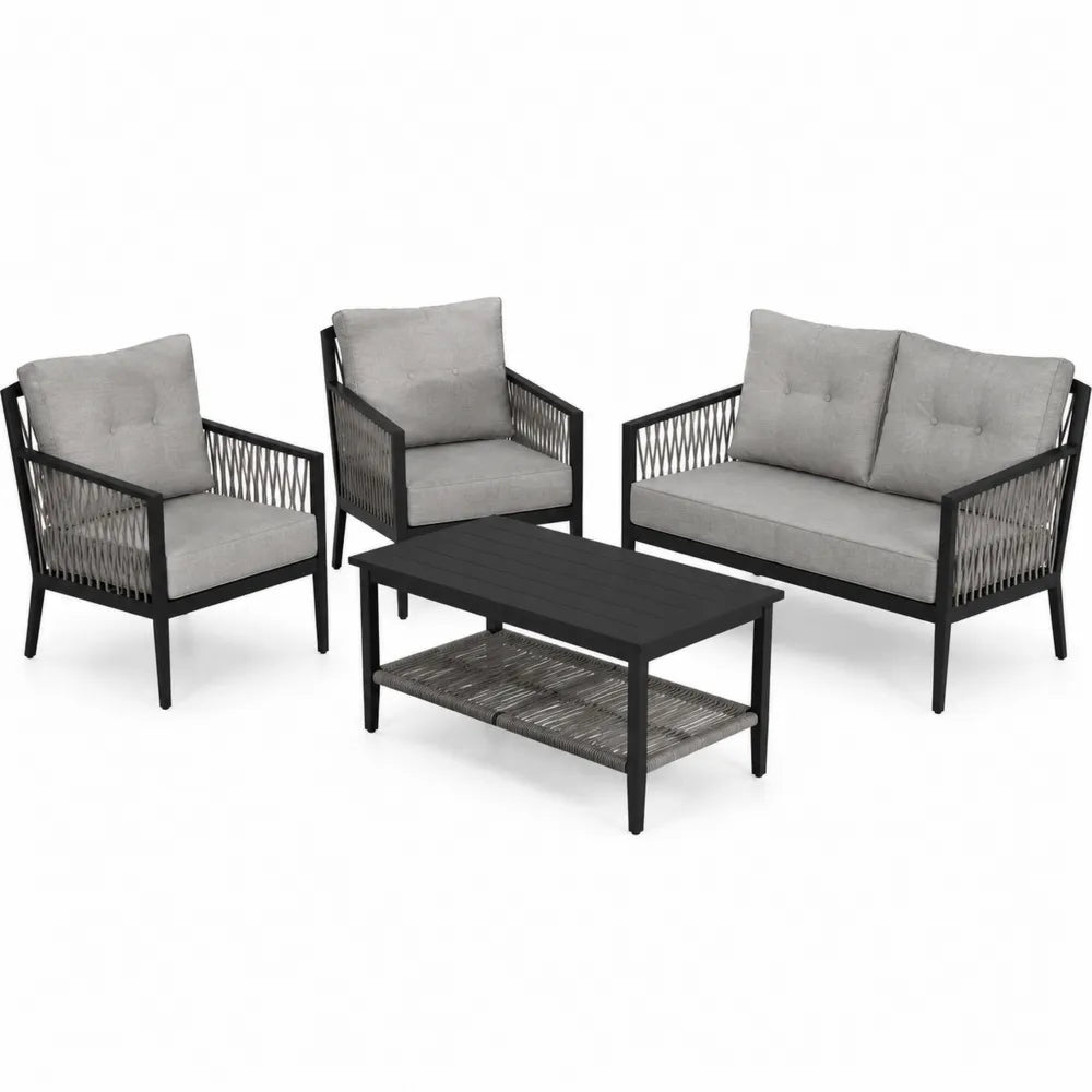 Zestaw mebli ogrodowych z aluminium i poliestru, 2 fotele, sofa, stolik, szary/czarny