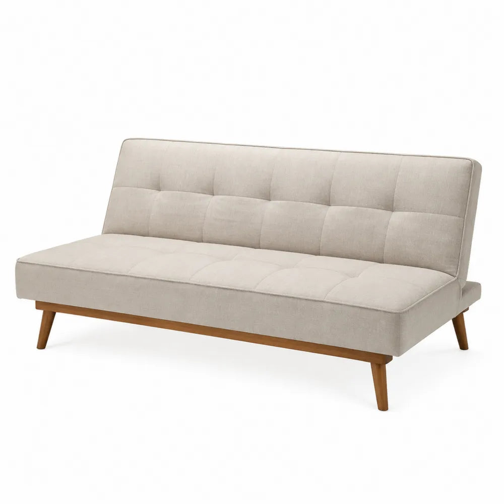 Sofa rozkładana tkanina lniana beżowa z drewnianymi nogami