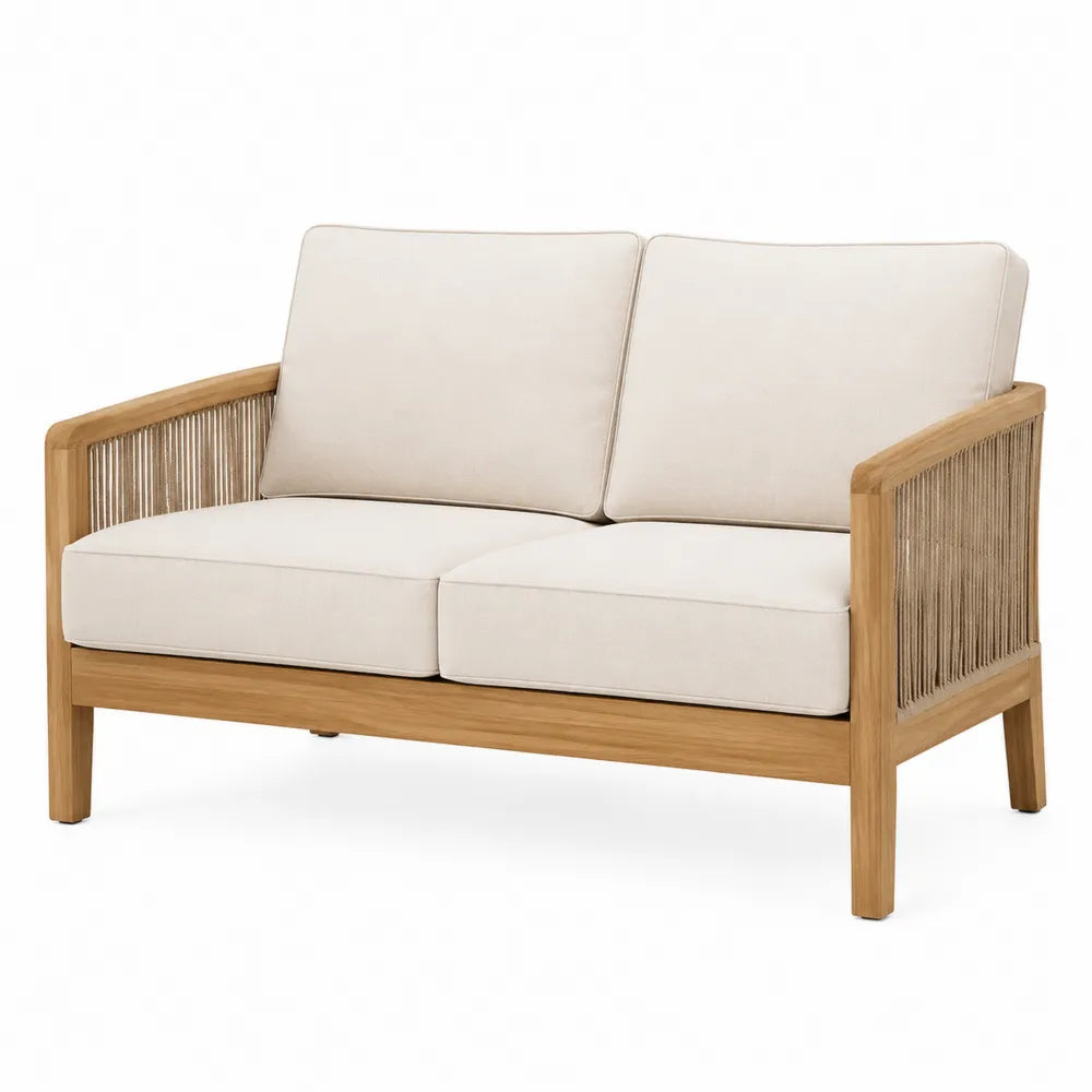 Dwuosobowa sofa z drewna tekowego z beżowym obiciem