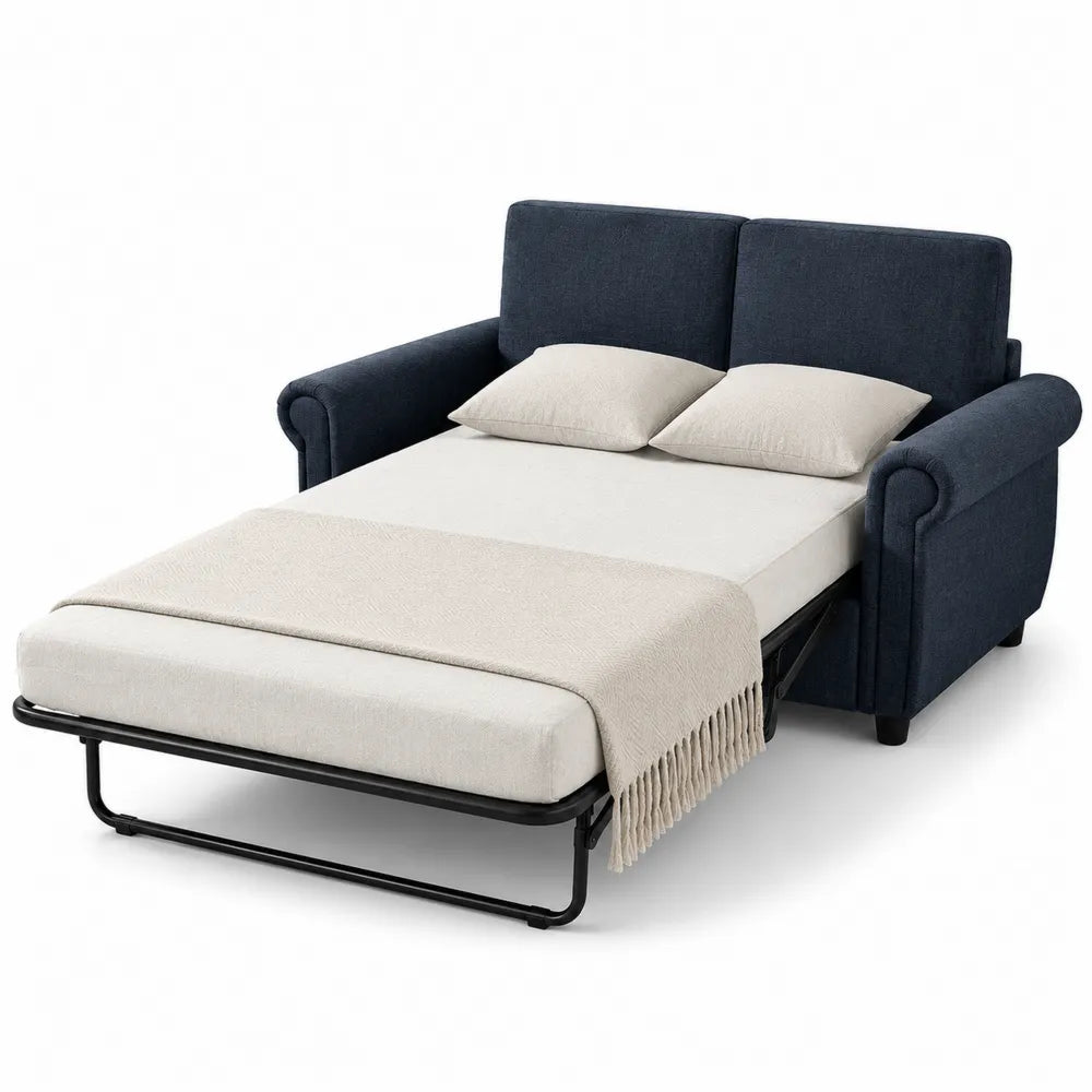 Rozkładana sofa dwuosobowa z tkaniny lnianej granatowej