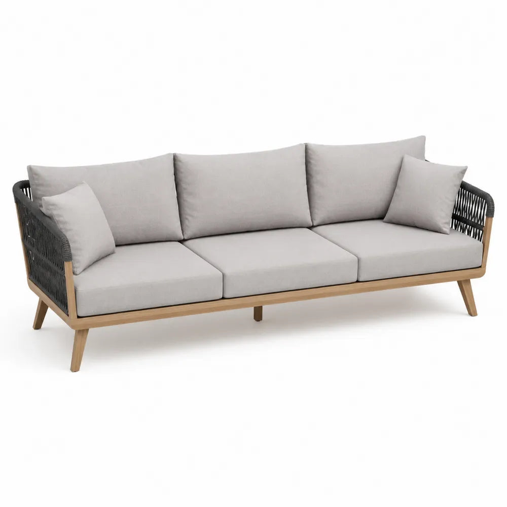 Sofa ogrodowa trzyosobowa z drewnianą ramą i sznurkowym oplotem 220 cm