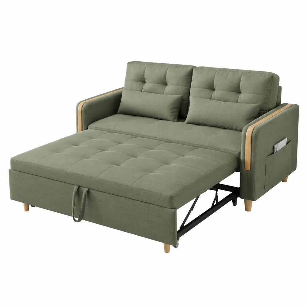 Rozkładana sofa oliwkowa z tkaniny i drewna