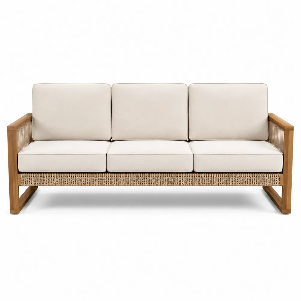 Sofa trzyosobowa z drewna tekowego i rattanu, beżowa 200 cm