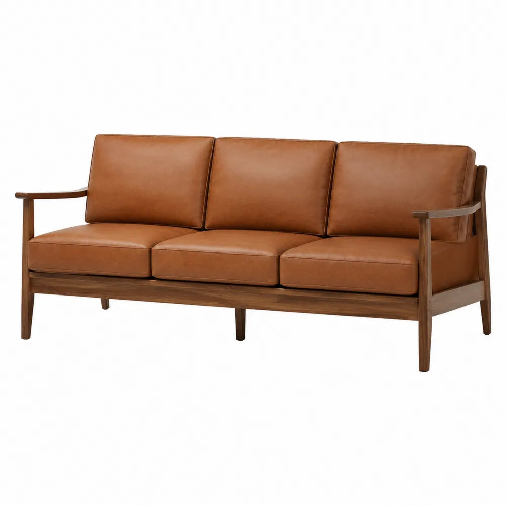 Sofa trzyosobowa z drewnianą ramą i skórą PU brązową
